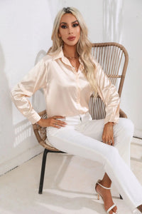 V-Neck Long Sleeve Satin Silk Blouse