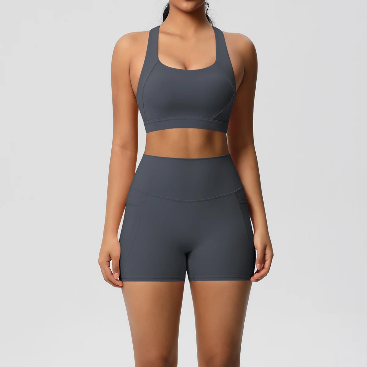 2-Piece Yoga Set – Crossover Bra & Shorts