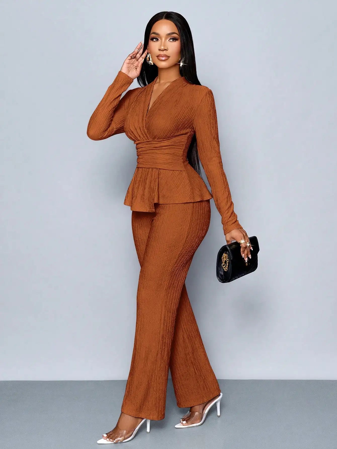 V-Neck Peplum Top & Wide Leg Pants Set – Beige