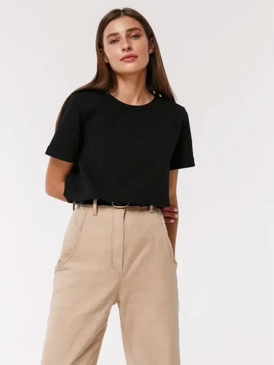Summer 100% Cotton Women'S T-Shirt Bottoming Basic Fashionable Solid Lady Short Sleeve Loose Tops Shirts 230G/㎡ Tops
