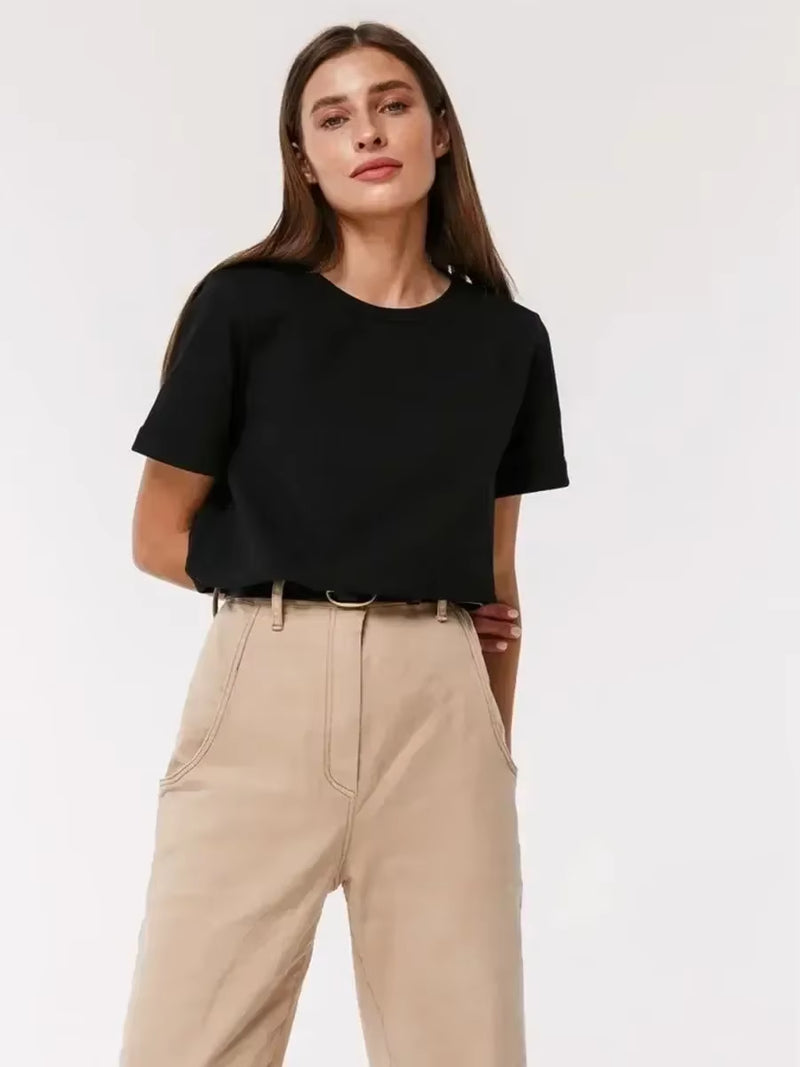 Summer 100% Cotton Women'S T-Shirt Bottoming Basic Fashionable Solid Lady Short Sleeve Loose Tops Shirts 230G/㎡ Tops
