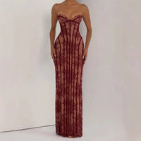 Striped Strapless Backless Bodycon Maxi Dress
