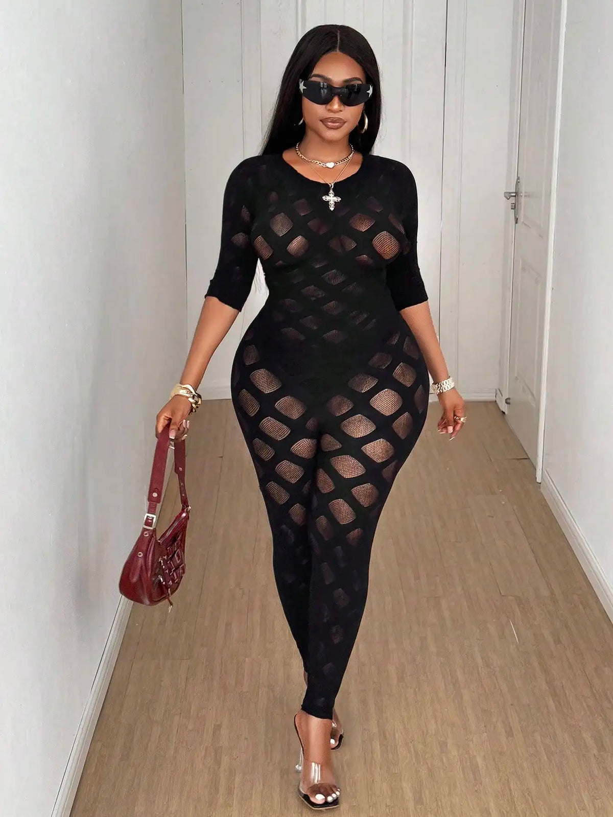 Sheer Mesh Web Pattern High Waist Bodycon Jumpsuit