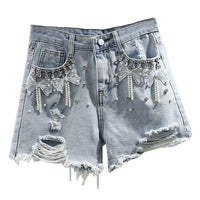 Bead-Embellished High Waist Denim Shorts