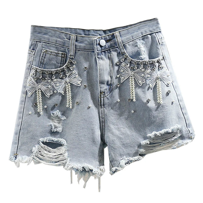 Bead-Embellished High Waist Denim Shorts