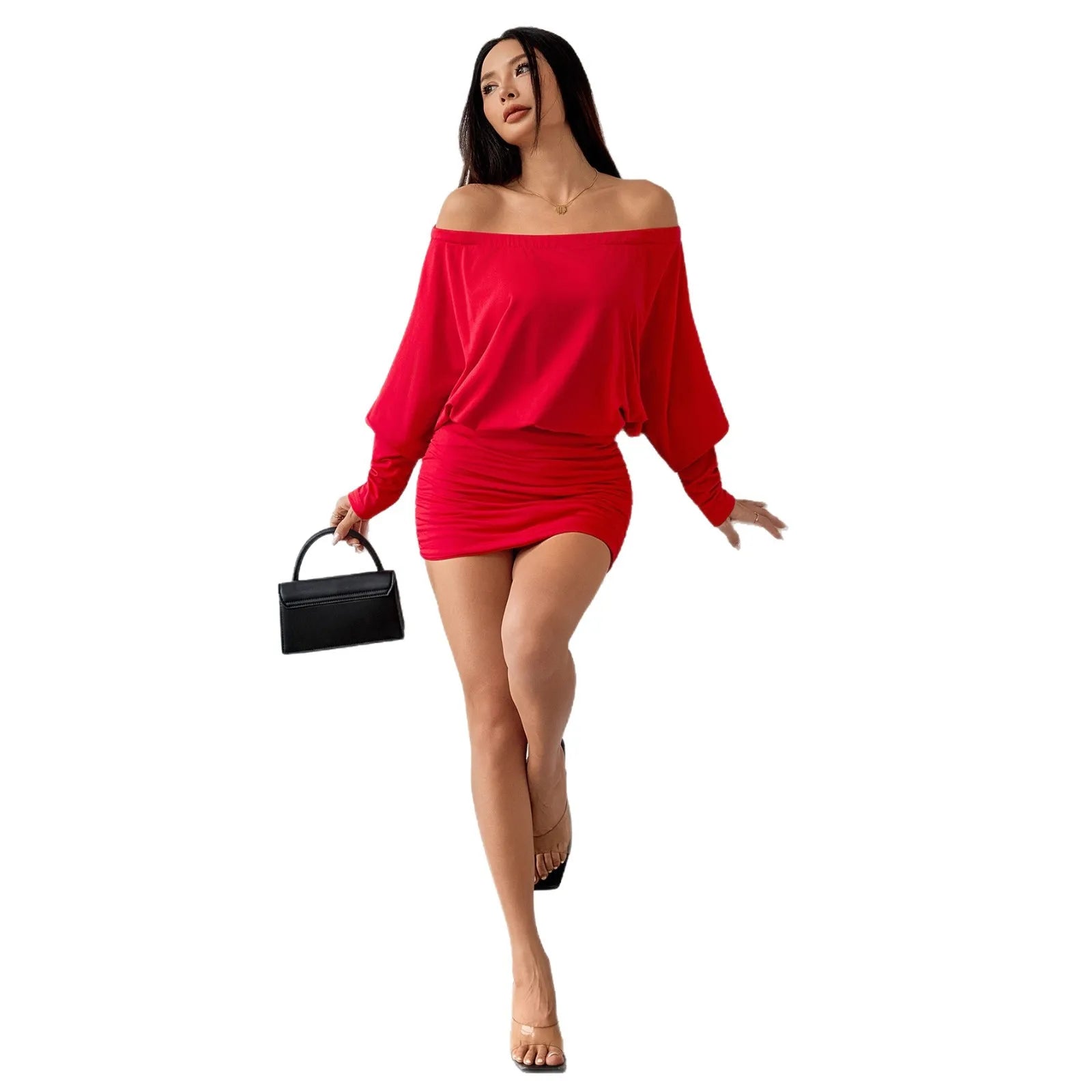 Off-Shoulder Long Sleeve Knit Bodycon Mini Dress