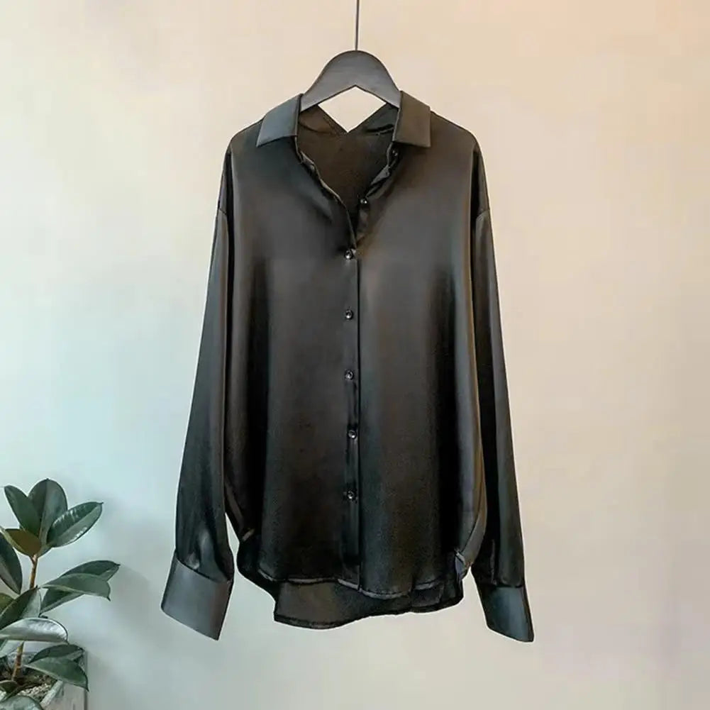 Women Smooth Satin Shirts Lapel Long Sleeve Shirt Single Breasted Tops Solid Color Loose Fit Casual Shirt