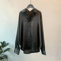 Women Smooth Satin Shirts Lapel Long Sleeve Shirt Single Breasted Tops Solid Color Loose Fit Casual Shirt