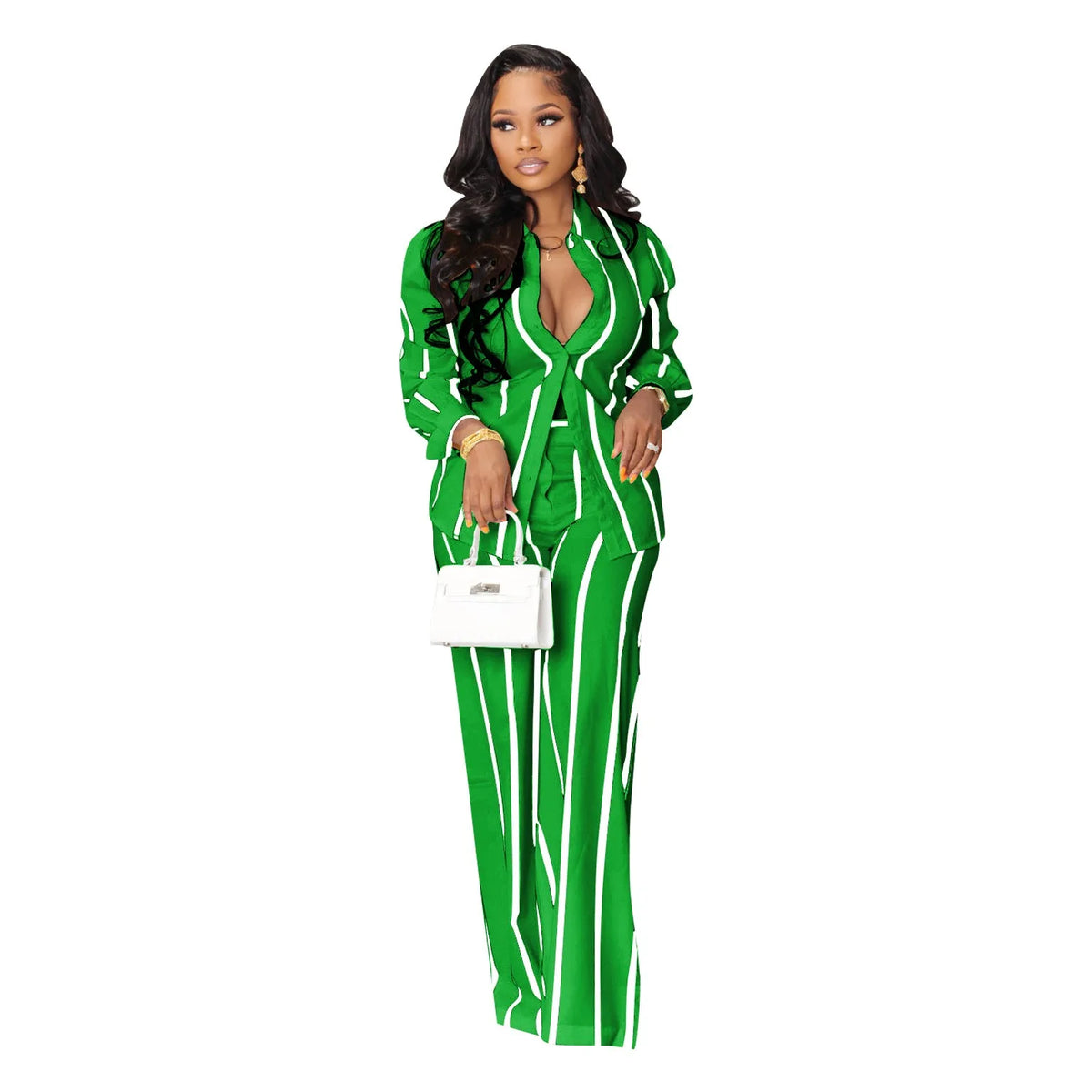 Striped Print Long Sleeve Blouse & Pants Set