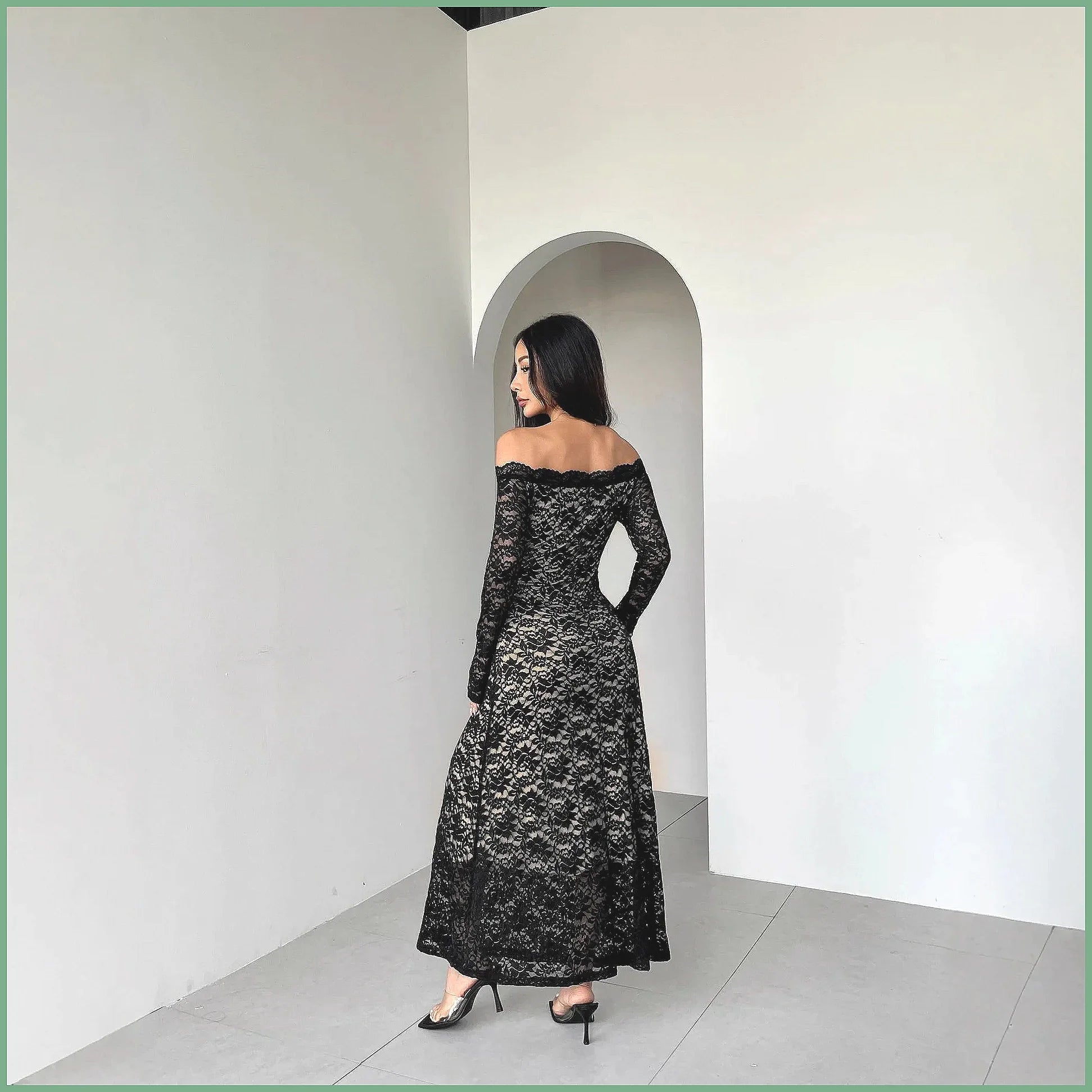 Off-Shoulder Lace Long Sleeve Bodycon Maxi Gown