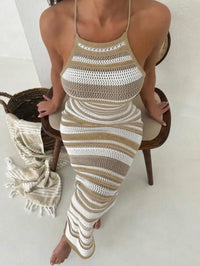 Striped Halter Neck Hollow-Out Crochet Maxi Dress