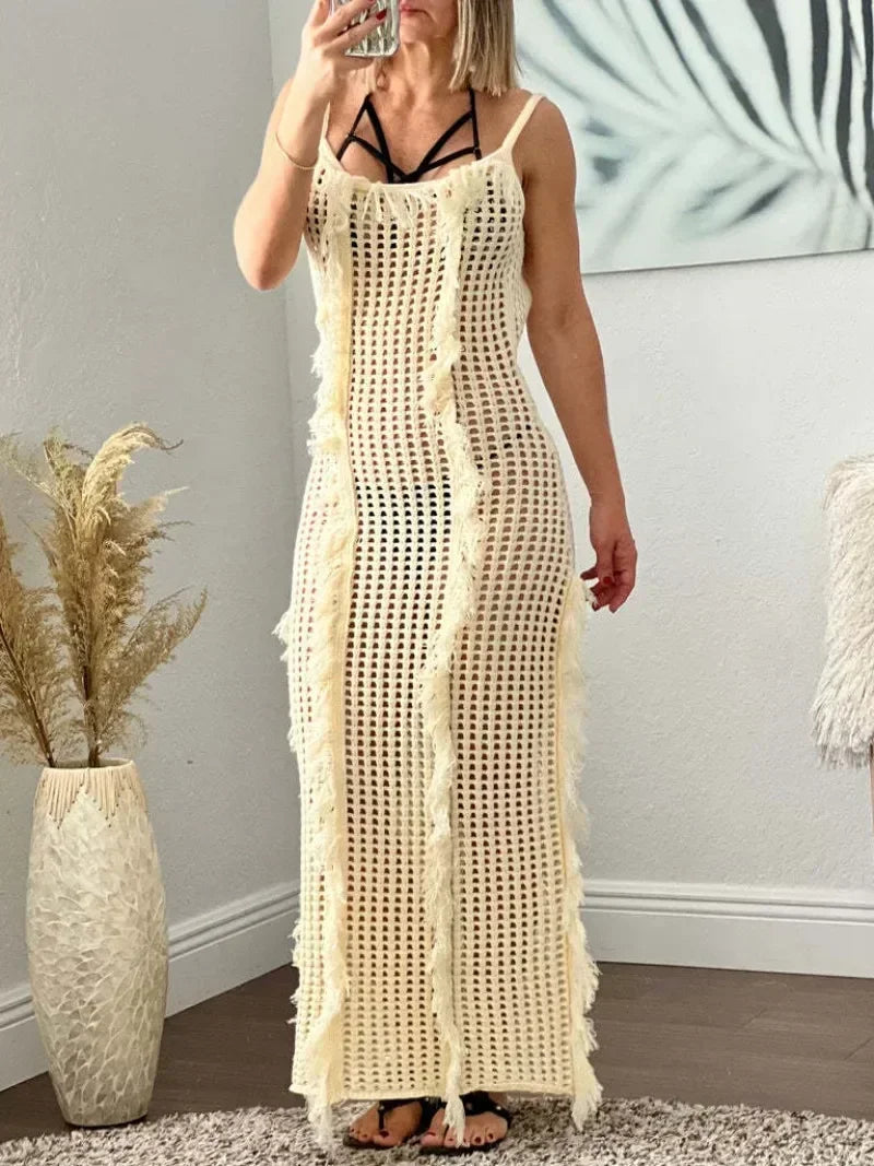 Tassel Sleeveless Crochet Hollow-Out Maxi Dress