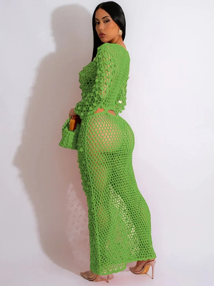 Sequined Crochet See-Through Bodycon Maxi Dress