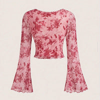 Y2K Floral Mesh Flare Sleeve Top