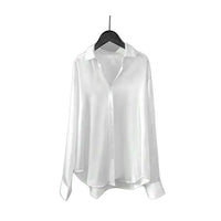 Women Smooth Satin Shirts Lapel Long Sleeve Shirt Single Breasted Tops Solid Color Loose Fit Casual Shirt