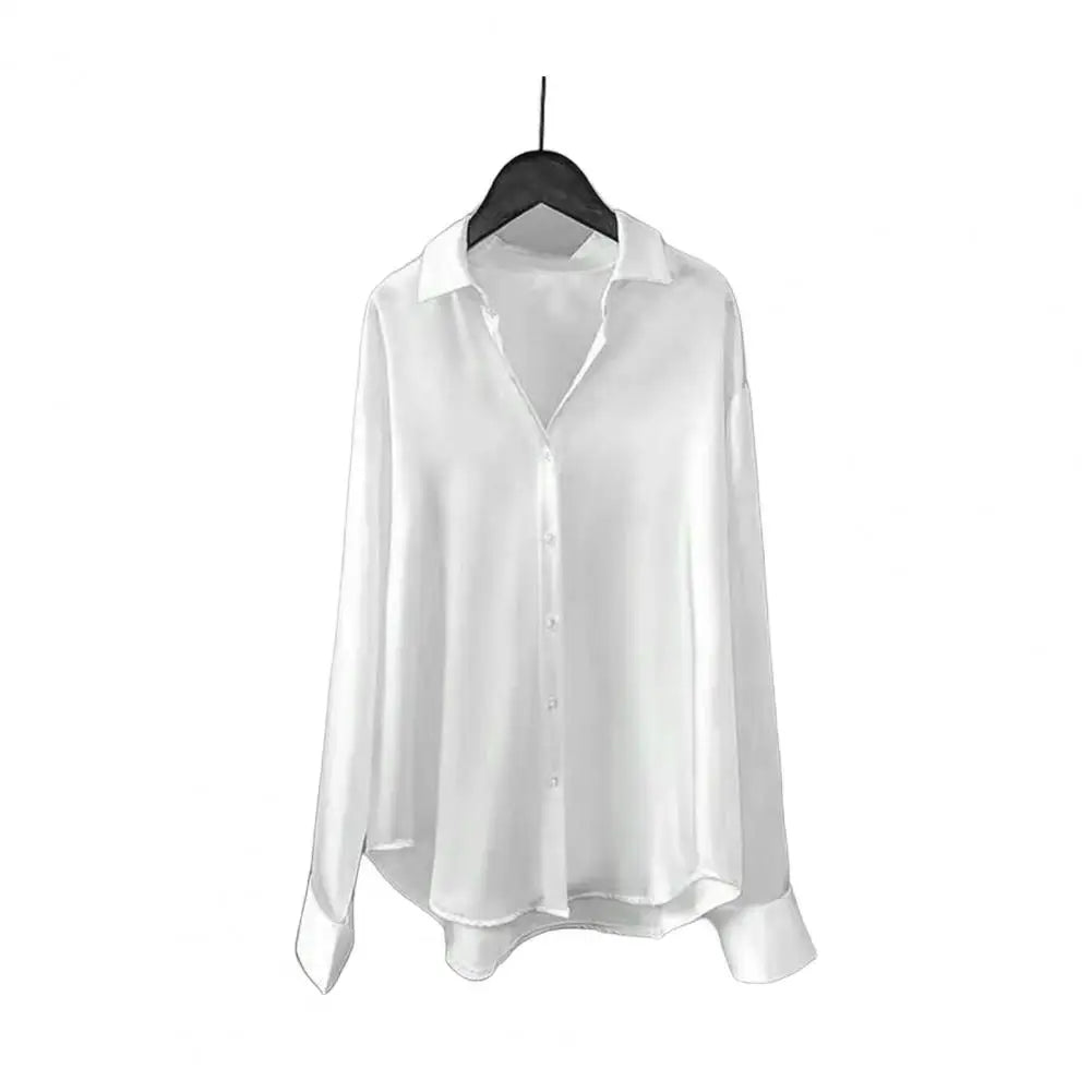 Women Smooth Satin Shirts Lapel Long Sleeve Shirt Single Breasted Tops Solid Color Loose Fit Casual Shirt