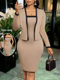 Contrast Trim Jacket & Bodycon Dress Set