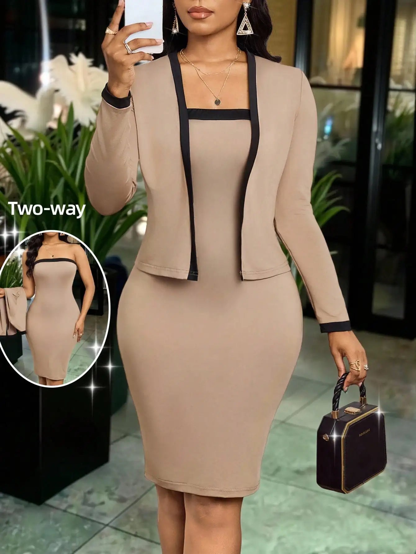 Contrast Trim Jacket & Bodycon Dress Set