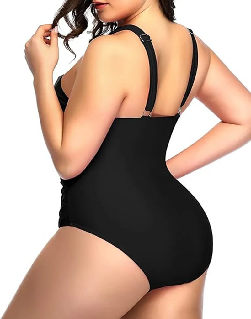 Plus Size Front Cross Tummy Control Backless One-Piece Swimsuit