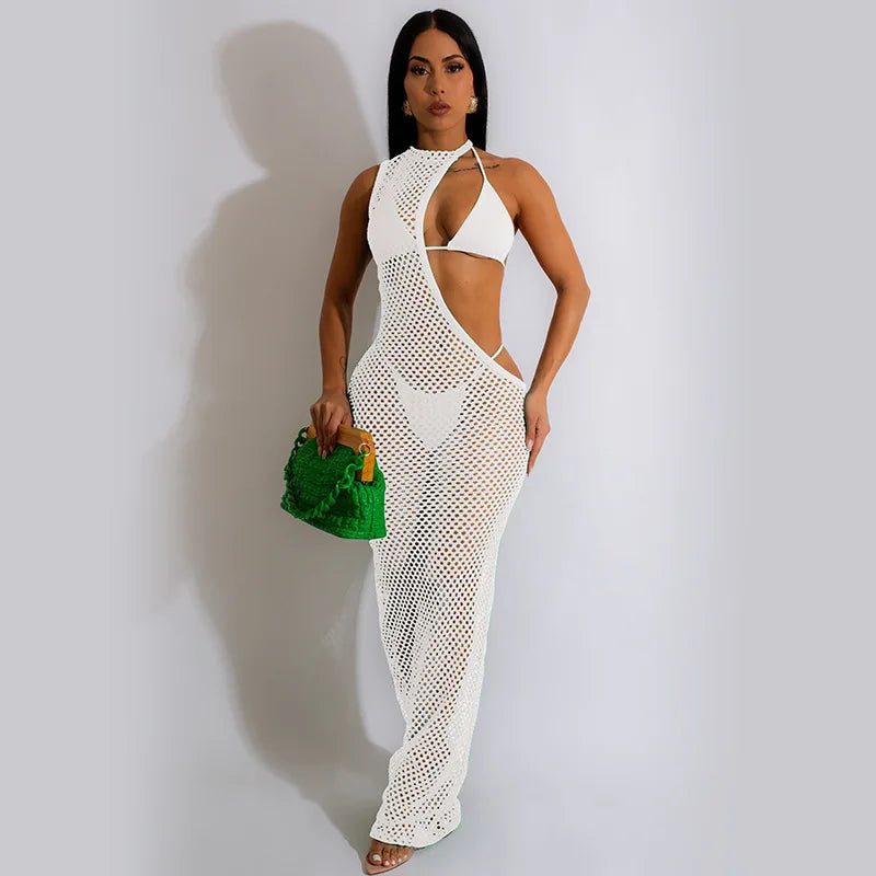 One-Shoulder Sleeveless Hollow-Out Crochet Maxi Dress