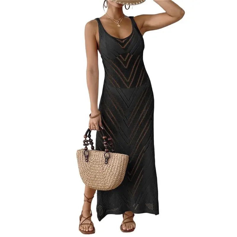 Crochet Knit Beach Cover-Up Maxi Dress – Sleeveless & Side Slit