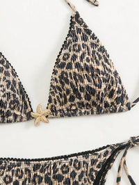 Summer beach fashion leopard print pleated metal jewelry halterneck string bikini set, suitable for vacations, festivals, beach