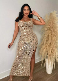 Sequined Crochet Hollow-Out Maxi Dress