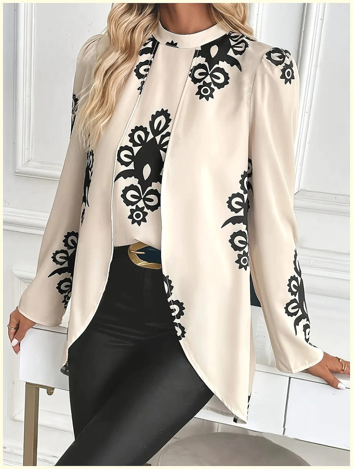 Fake Two-Piece Print Long Sleeve Blouse
