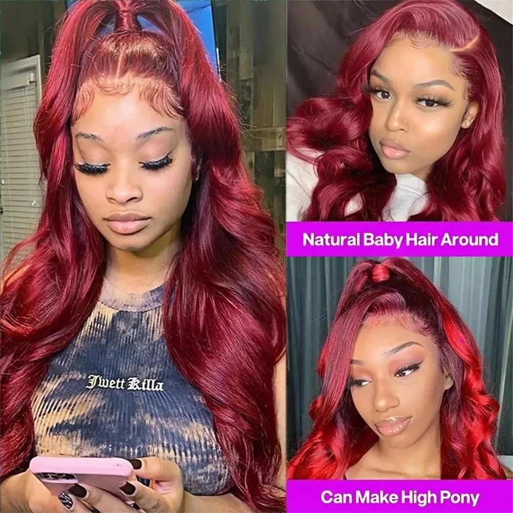 99J Burgundy Body Wave Human Hair Wig 36 Inch 13x6 HD Transparent Lace Front Wig 200 Density Pre Plucked Bleached Knots Glueless