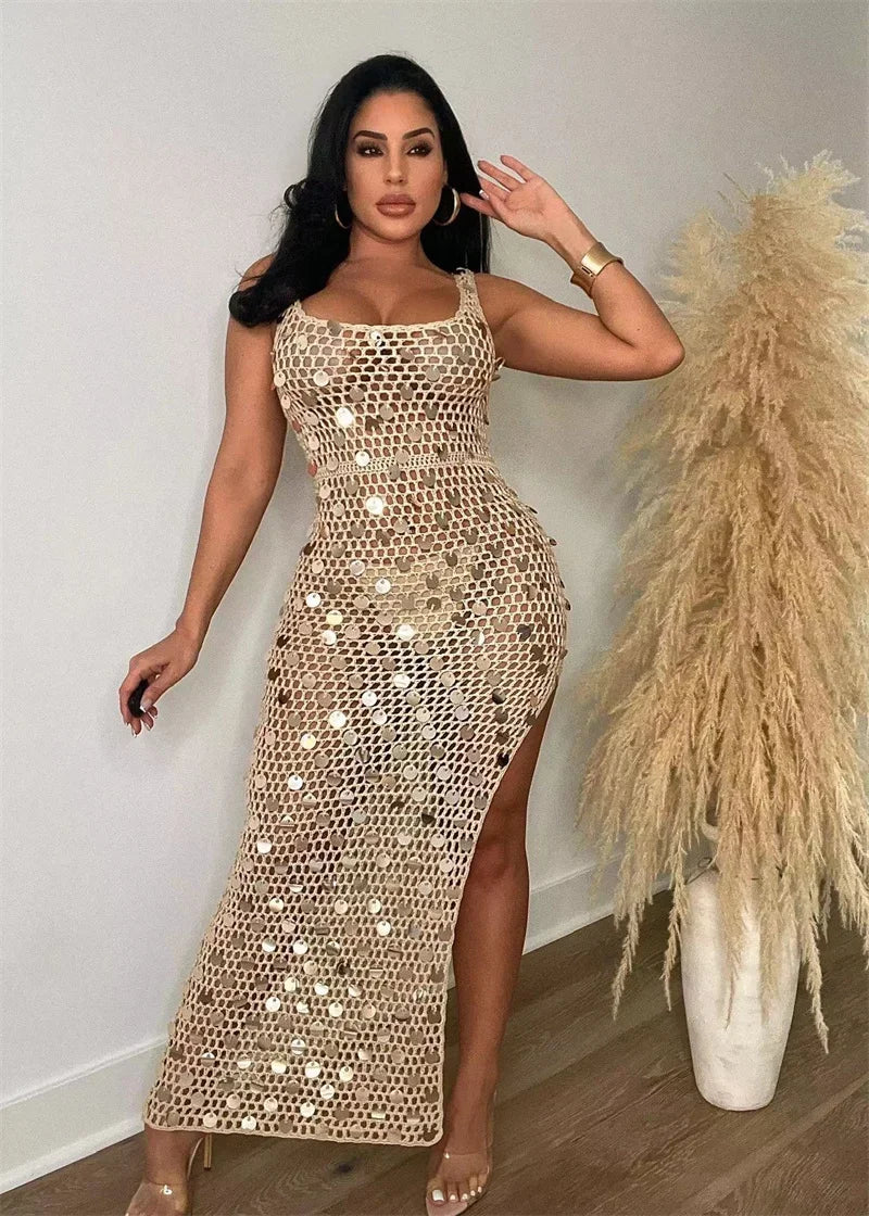 Sequined Crochet Hollow-Out Maxi Dress