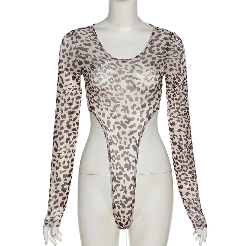 Leopard Print U-Neck Long Sleeve Slim Bodysuit