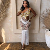 Sequined Fringe Tassel Crochet Bodycon Maxi Dress