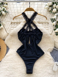 Cross Strap Mesh Lace Sleeveless Bodysuit