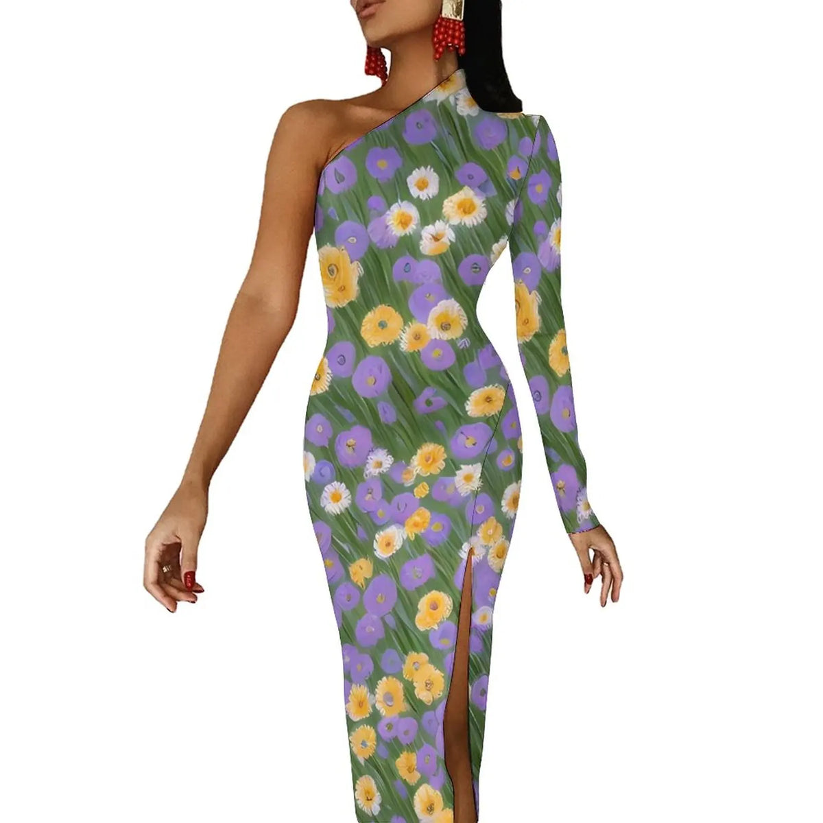One-Shoulder Floral Print Bodycon Maxi Dress