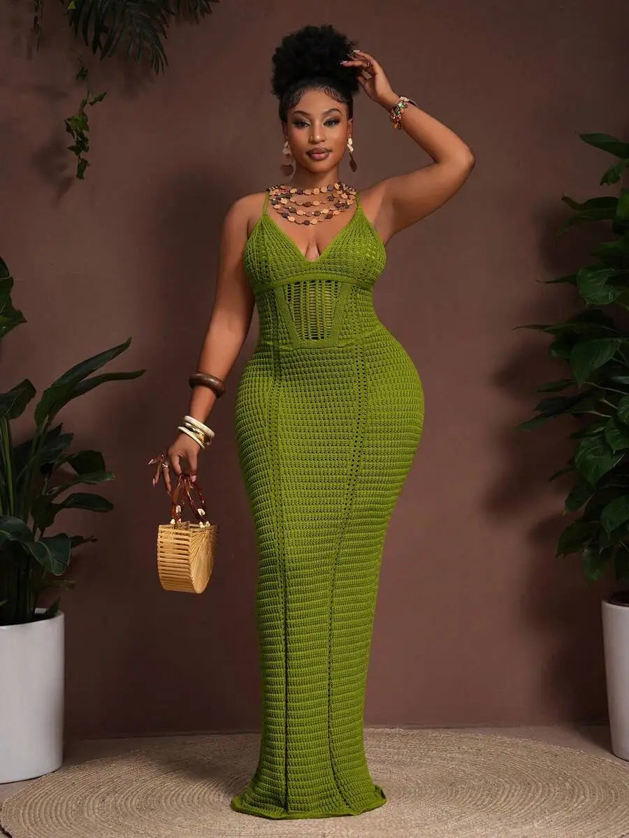 Crochet Hollow V-Neck Bodycon Maxi Dress