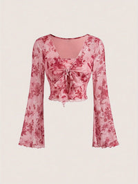 Y2K Floral Mesh Flare Sleeve Top