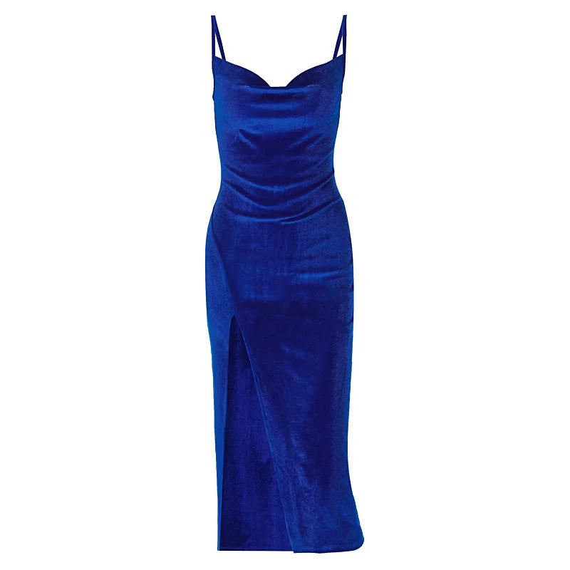 Velvet Swing Collar Slit Maxi Dress