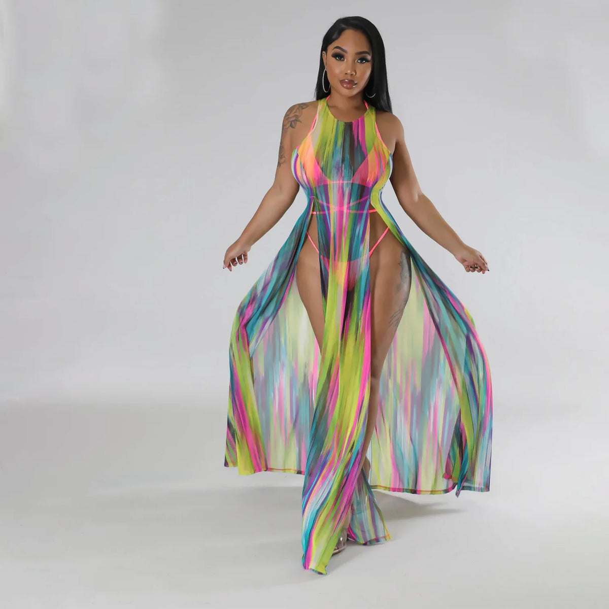 Mesh See-Through Sleeveless Split Dress & Swimsuit 3-Piece Set