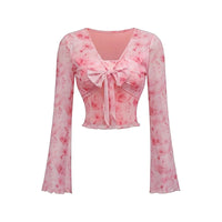 Y2K Floral Mesh Flare Sleeve Top