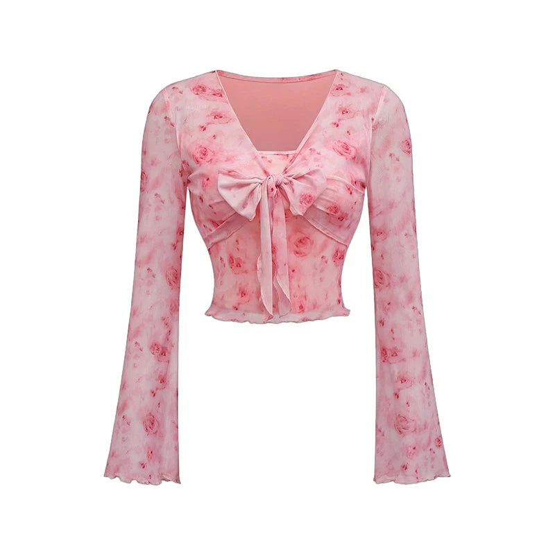 Y2K Floral Mesh Flare Sleeve Top