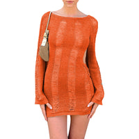 Sexy Knitted Cutout Short Dress 2022 Spring Summer Backless Long Sleeve round Neck Wrapped Mini Dresses Streetwear Solid