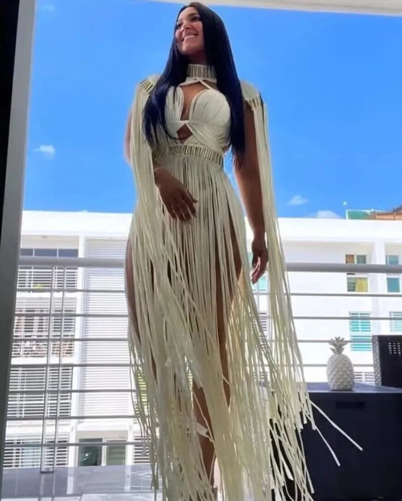 Vintage Tassel Halter Backless Crochet Maxi Dress