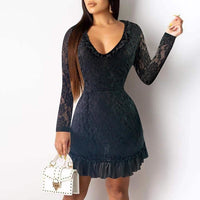 Ruffle Lace Patchwork Long Sleeve A-Line Dress