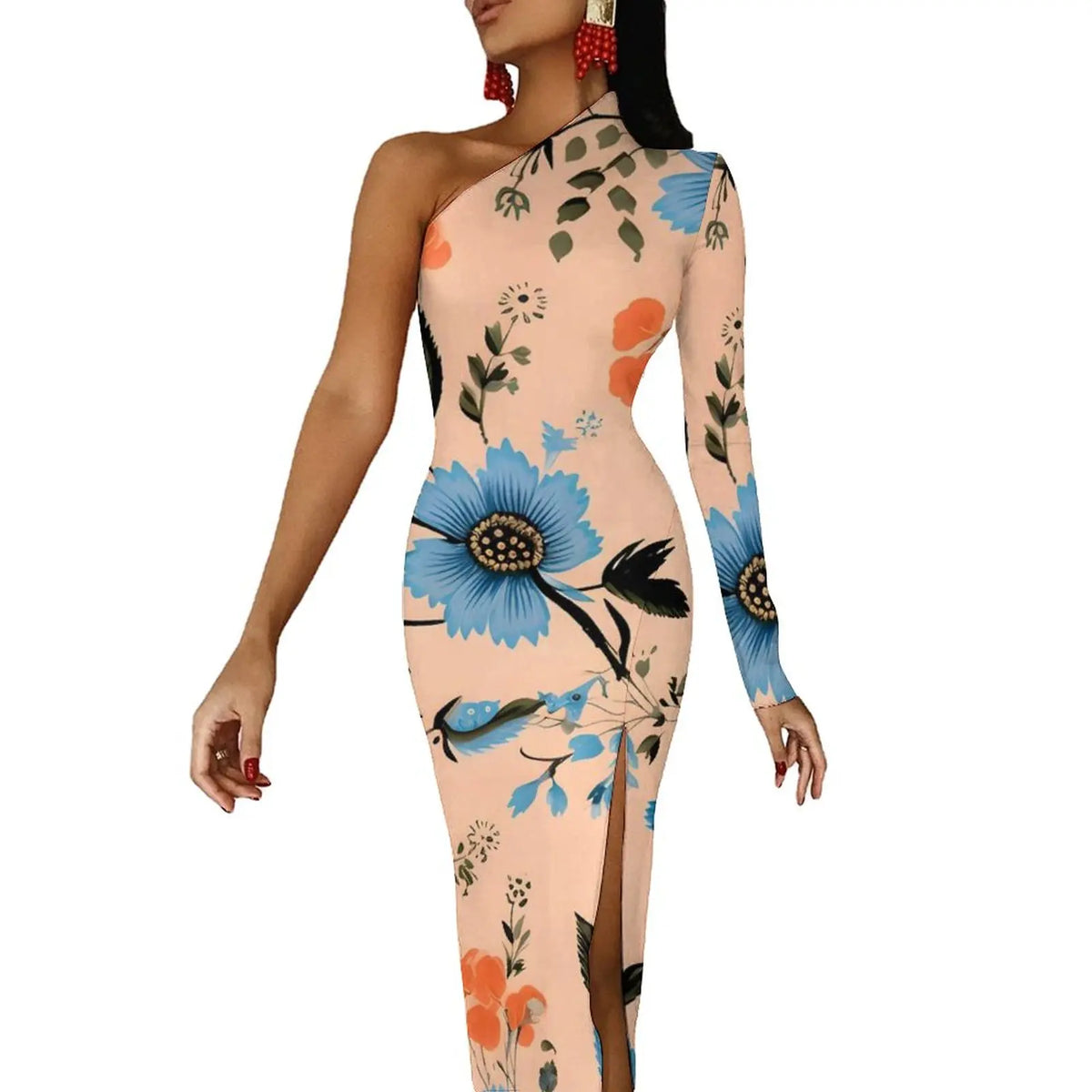 One-Shoulder Floral Print Bodycon Maxi Dress