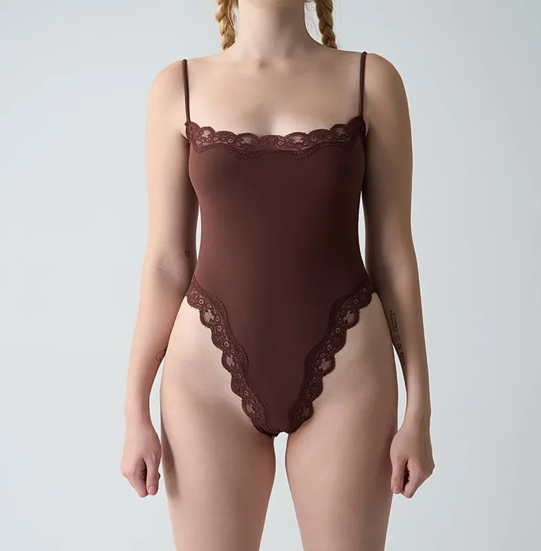 Square Neck Lace Spaghetti Strap Bodysuit