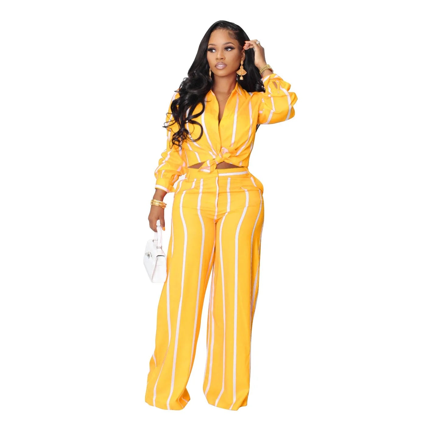 Striped Print Long Sleeve Blouse & Pants Set