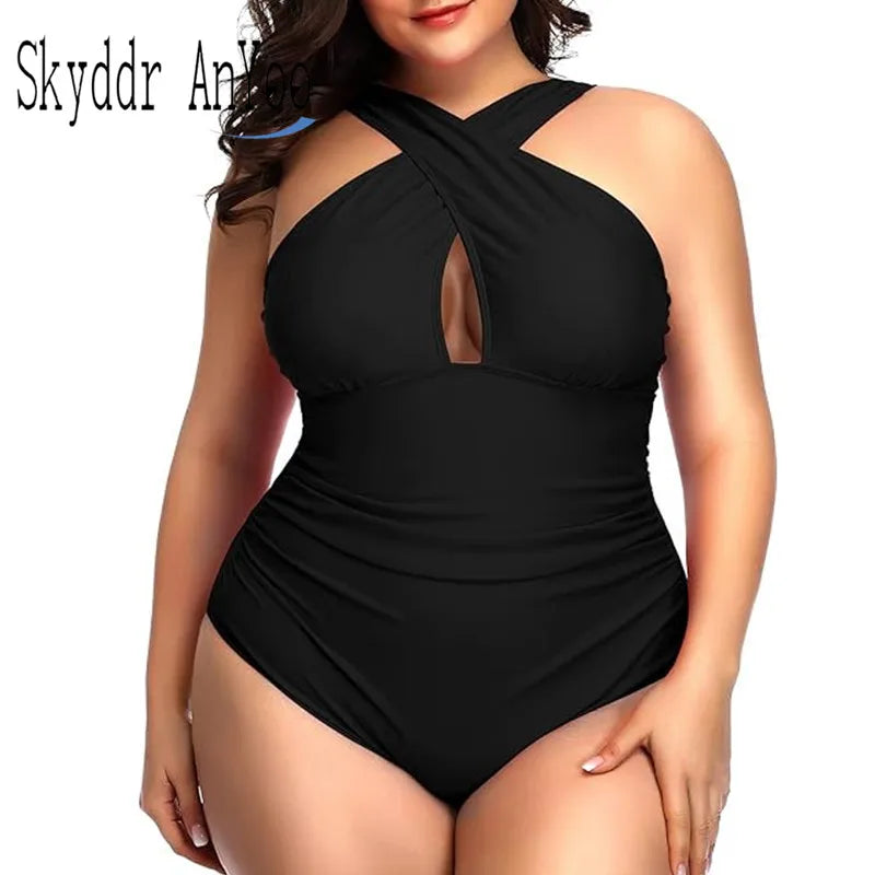 Plus Size Front Cross Tummy Control Backless One-Piece Swimsuit