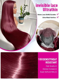 99J Burgundy Bone Straight 13x6 HD Lace Frontal Wig – 30–36 Inch Human Hair
