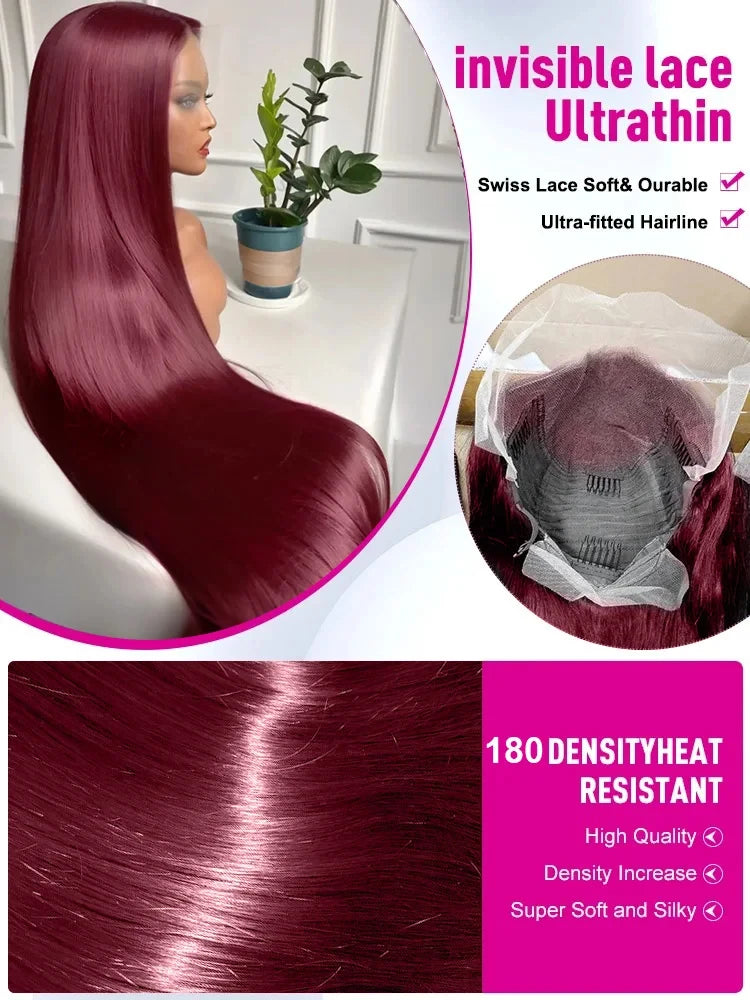 99J Burgundy Bone Straight 13x6 HD Lace Frontal Wig – 30–36 Inch Human Hair