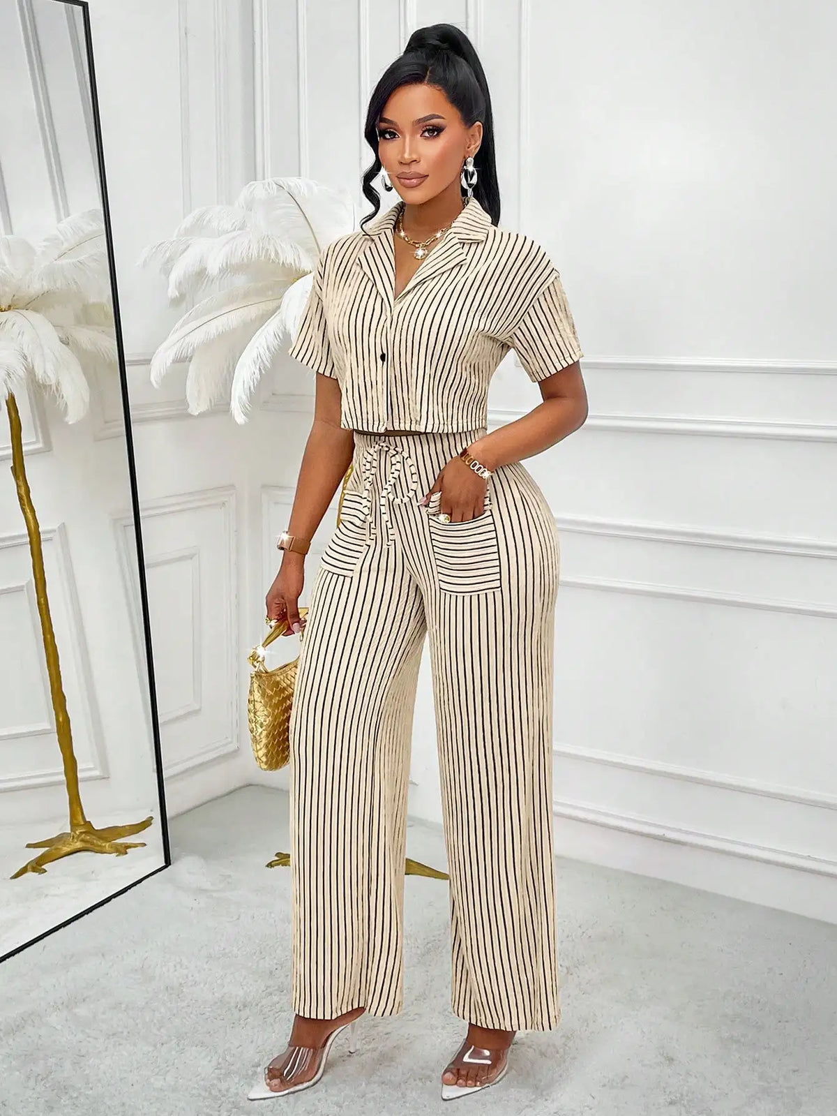 Striped Cropped Shirt & Wide-Leg Pants Set
